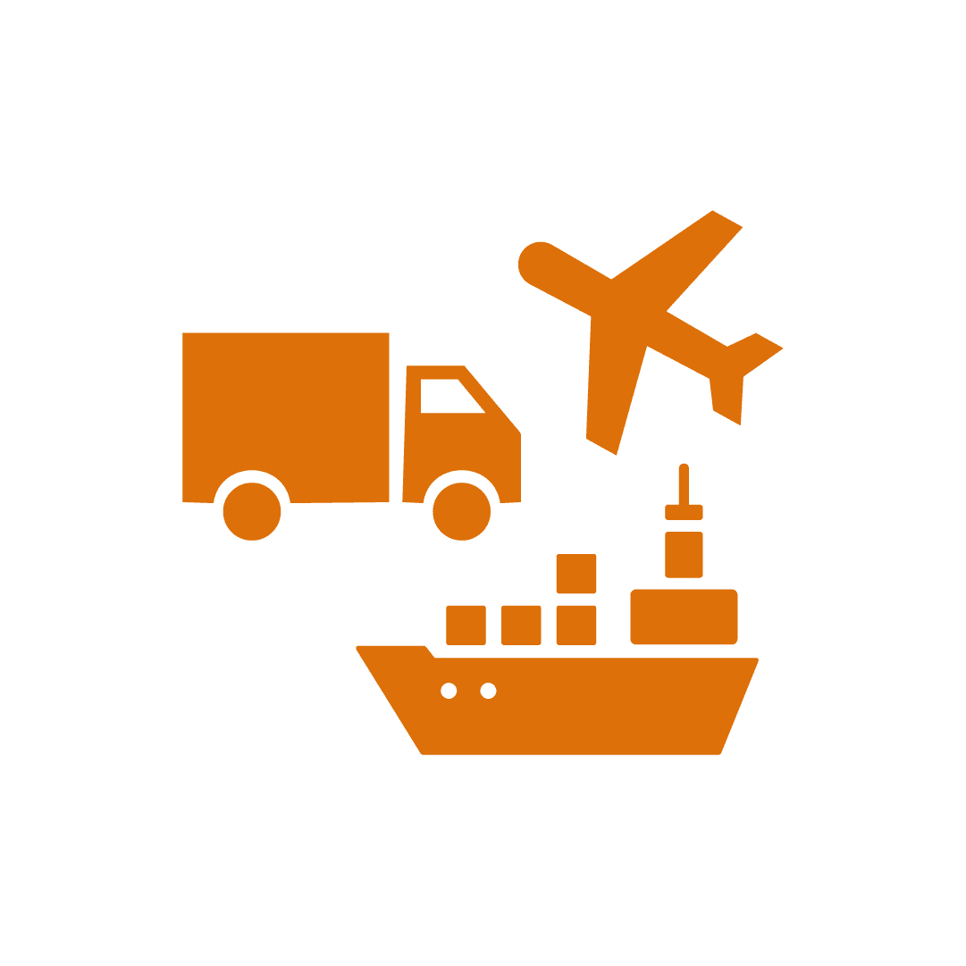 Orange icons of a plane, a truck, and a boat.